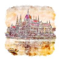 Parlamento Budapest Watercolor sketch hand drawn illustration vector