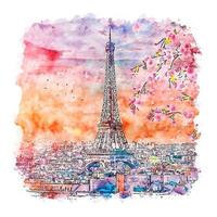 Sunset Paris France Watercolor sketch hand drawn illustration vector