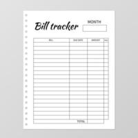 Bill tracker template. Monthly planner. Blank white notebook page isolated on grey. Organizer page. Paper sheet. Stationery for budget planning. Vector illustration