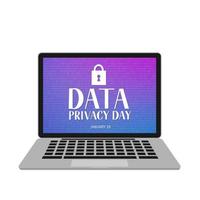 Data Privacy Day vector illustration with lettering and closed lock on screen of laptop. Easy to edit template for typography poster, banner, postcard, flyer, sticker, brochure, booklet, etc.