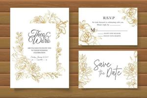 tarjeta de invitación de boda de dibujo a mano alzada con decoración floral dorada vector