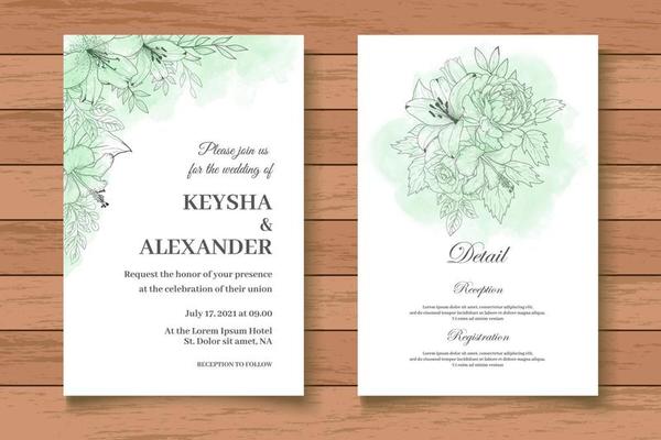 Elegant Hand Drawing Floral Wedding Invitation Card Set