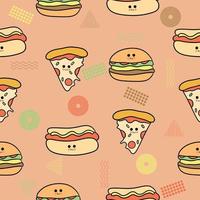 lindas chibi pizza hamburguesa perrito caliente suaves coloridas sin costura patrones garabatos niños bebé kawaii dibujos animados vector