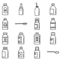 Cough syrup bottle icons set, outline style vector