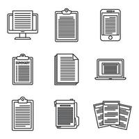 Summary text icons set, outline style vector