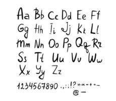 Hand drawn english alphabet. Handwritten font, number, punctuation marks. Simple vector alphabet