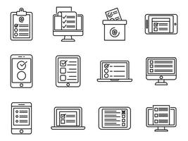 conjunto de iconos de lista de verificación de encuestas en línea, estilo de esquema vector