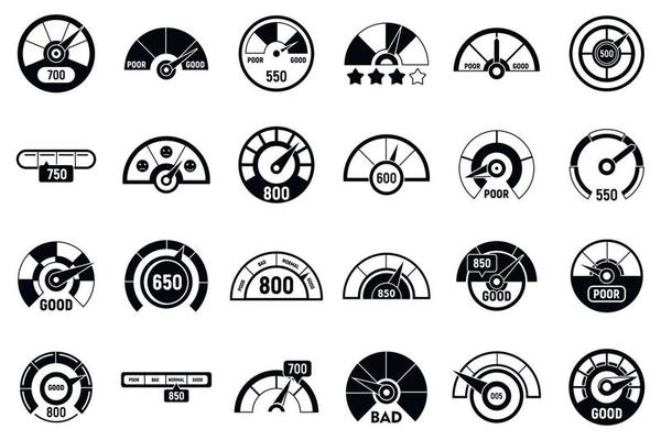 Credit score meter icons set, simple style