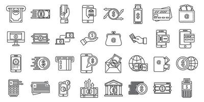 Cash money transfer icons set, outline style vector