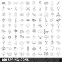 100 iconos de primavera, estilo de esquema vector