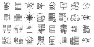 Data center icons set, outline style vector