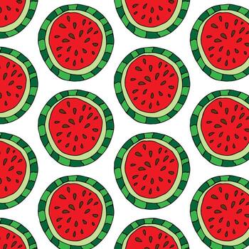 Vector seamless pattern with watermelon wedges. Juicy summer seamless pattern with watermelon