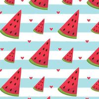 Watermelon seamless pattern. Vector illustration. Watermelon slices on blue and white stripes background