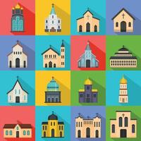 Church building icons set, flat style vector