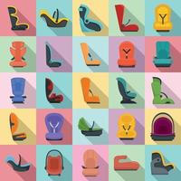 Baby car seat icons set, flat style vector