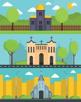 Church building banner concept set, flat style vector