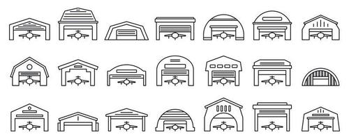 Airport hangar icons set, outline style vector