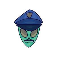 ilustración de dibujos animados aislados cabeza alienígena dibujada a mano con sombrero de policía y bigote vector