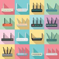 Router icons set, flat style vector