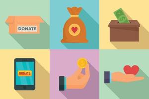 Donations icons set, flat style vector