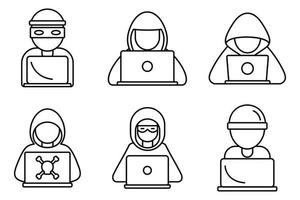 conjunto de iconos de hackers cibernéticos, estilo de contorno vector