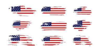 Vintage waving USA flag set. Vector waving American flags on grunge texture.