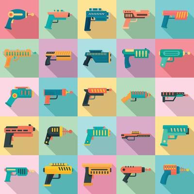 Blaster icons set, flat style