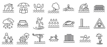 Flood cataclysm icons set, outline style vector