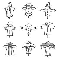 conjunto de iconos de espantapájaros de granja, estilo de contorno vector