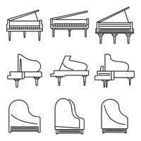 Classic grand piano icons set, outline style