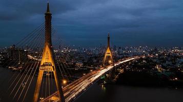 Rama 9 Bridge in Thailand. The landmark. The symbol is the symbol of the king of Thailand. Bird eye view photo
