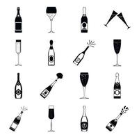 Champagne bottle glass icons set, simple style vector