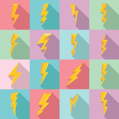 Lightning bolt icons set, flat style