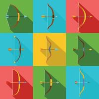 Bow arrow weapon icons set, flat style vector