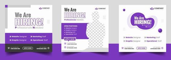 We are hiring job vacancy social media post banner design template with purple color. We are hiring job vacancy square web banner design. vector