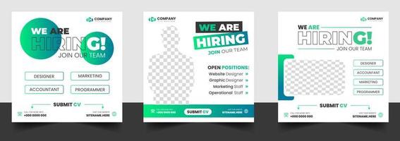 We are hiring job vacancy social media post banner design template with green color. We are hiring job vacancy square web banner design. vector