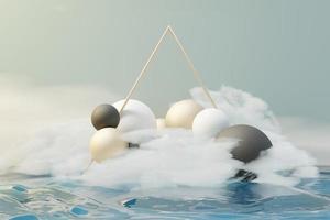 3d render of pastel ball, soaps bubbles, blobs that floating on the air with fluffy clouds and ocean. Romance land of dream scene. Natural abstract dreamy sky. photo