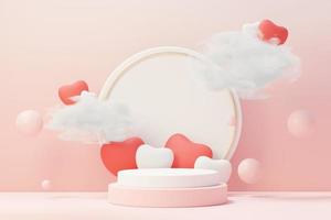 3d render minimal sweet scene with display podium for mock up and product brand presentation. Pink Pedestal stand for Valentine's Day's theme. Cute lovely heart background. Love day's design style. photo