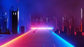 Render 3D del concepto de paisaje de la ciudad de la noche cibernética. luz que brilla intensamente en la escena oscura. la vida nocturna. red de tecnología para 5g. más allá de la generación y futurista de la ciudad capital de ciencia ficción y la escena de la construcción. foto