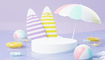 3d render Summer sale podium stand for showing product. Beach Vacations Scene in Summer for mock up. photo