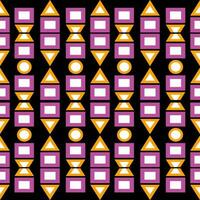 Symmetrical seamless pattern, trapezoid square triangle and round shape, yellow and pink on black background. vector