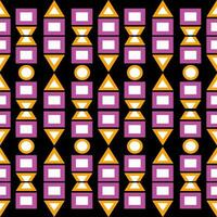 Symmetrical seamless pattern, trapezoid square triangle and round shape, yellow and pink on black background. vector