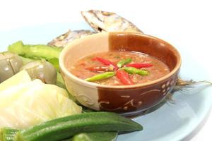 Shrimp paste and mackerel chili paste is a Thai food with sour and spicy taste. And sweet to eat with fresh vegetables and boiled vegetables is a healthy food that Thai people like to consume. photo