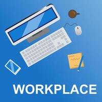 Graphic design of computer, cup of coffee, note post it,pencil, smartphone, and computer mouse on blue background in top view workspace. vector