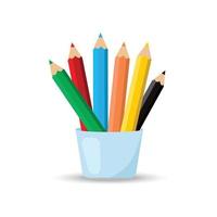 Several color pencils in a glass. Stationery icon flat style. Vector Illustration