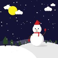 Merry Christmas Season winter illustration - Snowman Winter on snow background and falling snow at night time, He is wearing red scarf and red hat on dark blue background little wind. vector