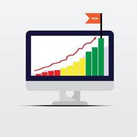 un gráfico de barras financiero de crecimiento al alza con la bandera roja en la parte superior más alta del monitor de la computadora, con un gráfico de flechas en alza sobre ellos. poner en marcha el diseño de concepto plano de ganancias de mercado. vector