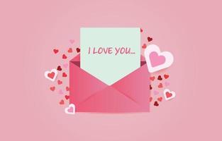 Pink opened envelope with message I LOVE YOU. Letter on valentines day and heart on colored background. top view valentines day paper cut concept. vector illustration, romantic and cozy pastel colors.