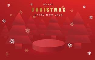 Merry Christmas banner with product podium in red background with paper cut Christmas tree and snow. Vector illustration