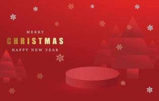 Merry Christmas banner with product podium in red background with paper cut Christmas tree and snow. Vector illustration